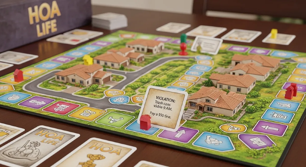 A photorealistic image of a custom board game called 'HOA Life' spread across a table. The game board is a detailed map of a sunny, pristine Arizona suburban neighborhood with identical stucco homes. Miniature houses are used as game pieces. One of the game cards is clearly visible and reads, 'Violation: Trash cans visible after 9 AM. Pay a $50 fine.' The style is vibrant and satirical, resembling a classic family board game.
