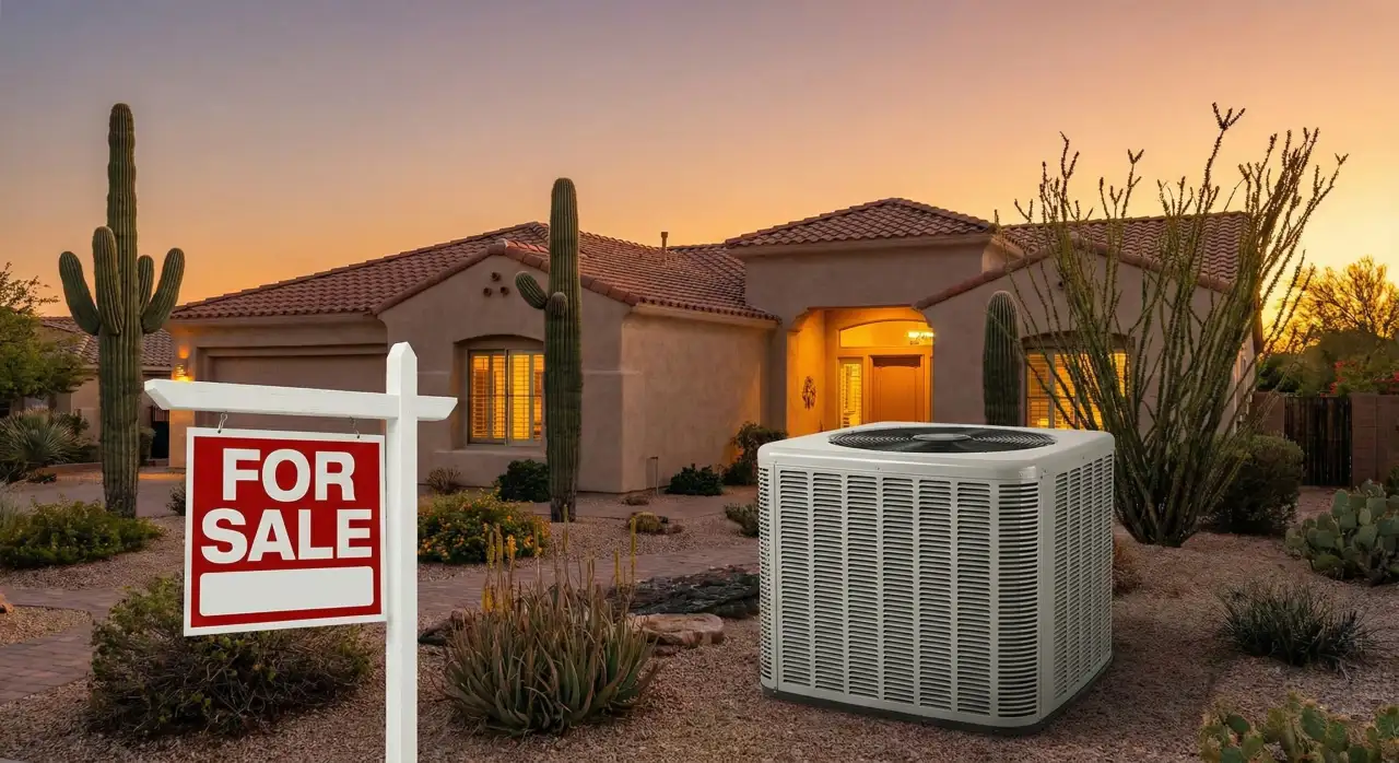 Exterior of a single-story Arizona home with desert landscaping and a prominent "For Sale" sign in the front yard alongside an HVAC unit.
