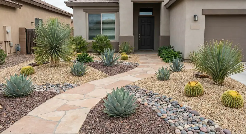 Sustainable low-water desert landscaping design with xeriscape rock textures and a stone walkway for high curb appeal in Arizona.