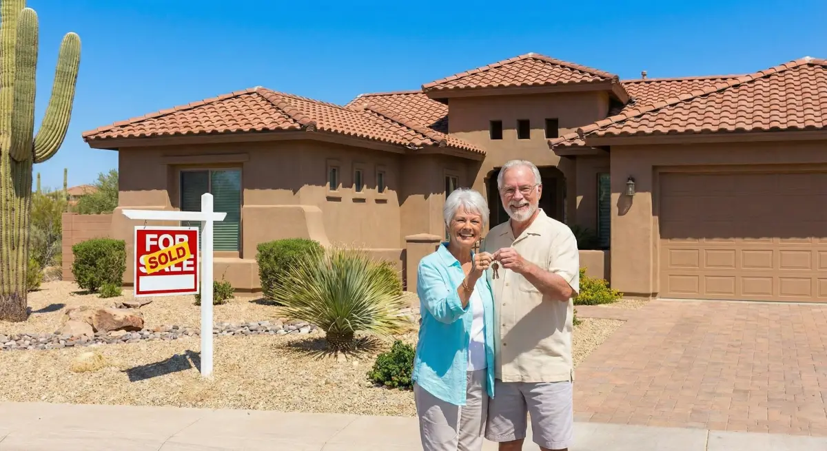 Snowbirds standing in front of their new house in Arizona holding keys.